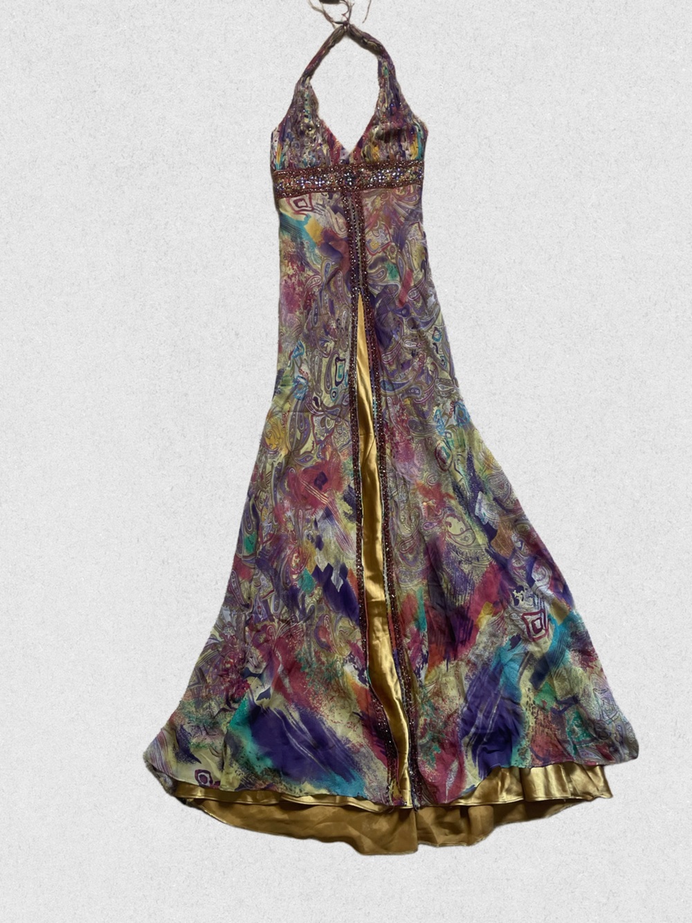 Y2K Sue Wong Paisley Print Halter Maxi Dress with Beaded Waist - Picture 2 of 10